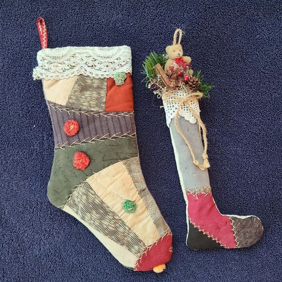 True Rustic Christmas Charm - Two Vintage Christmas Stockings From Quilt Pieces - Picture 2 of 16